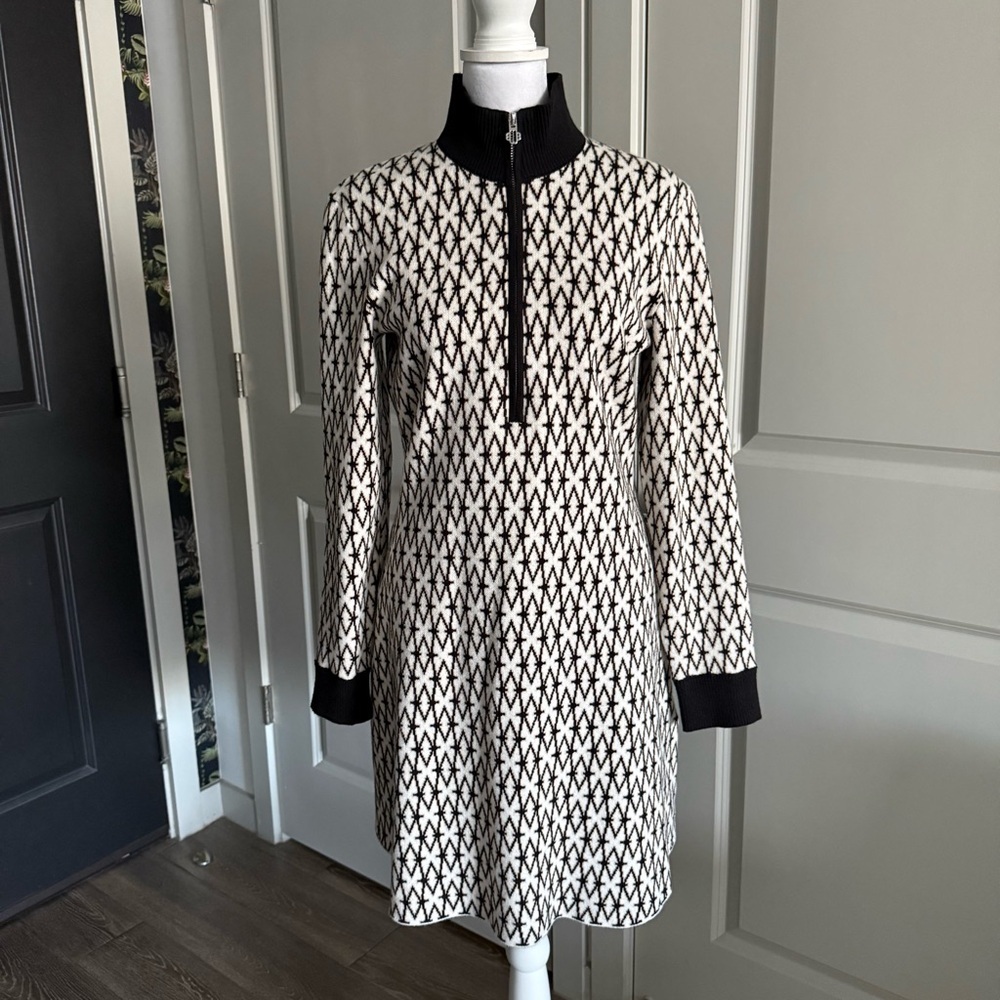 Maje Black and White Geo Print Turtleneck Zip Sweater Dress Size 40 US M